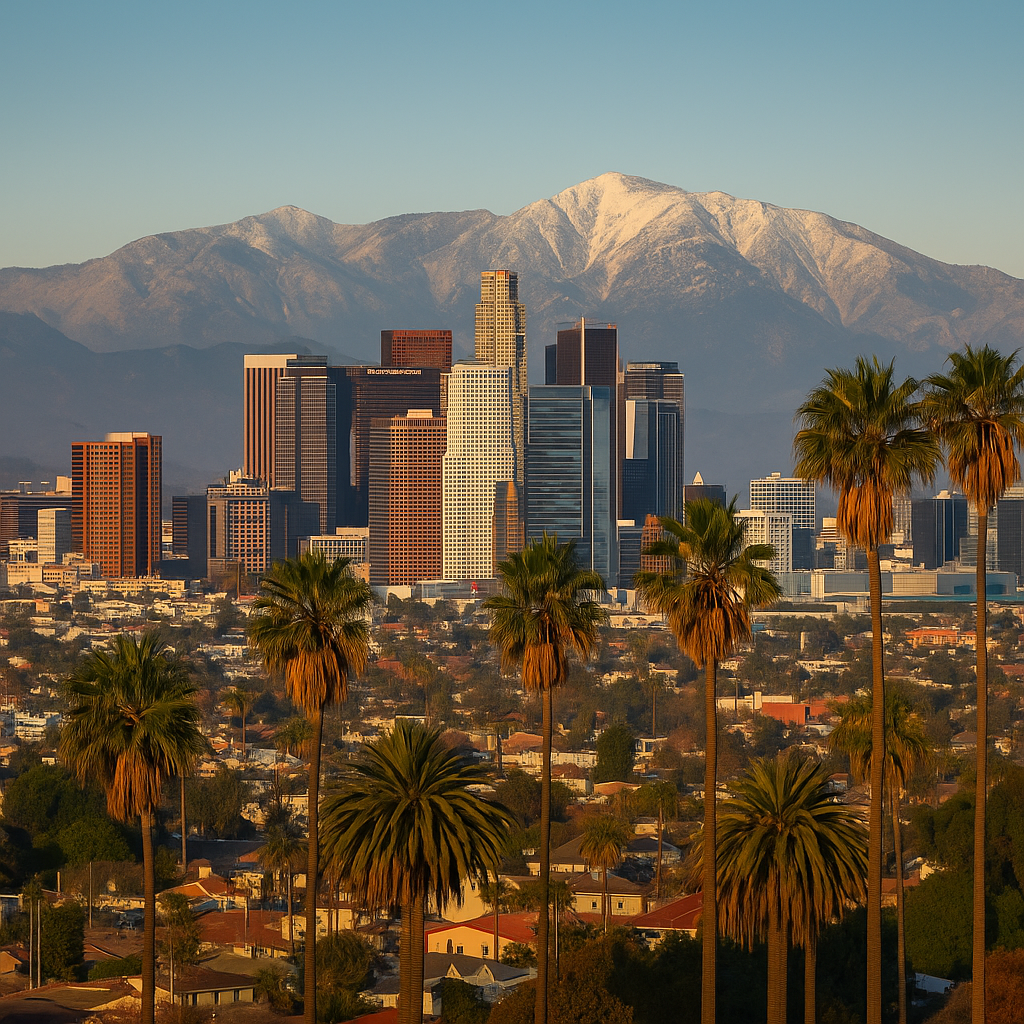 Downtown Los Angeles skyline with palm trees and mountains in the background at sunset.